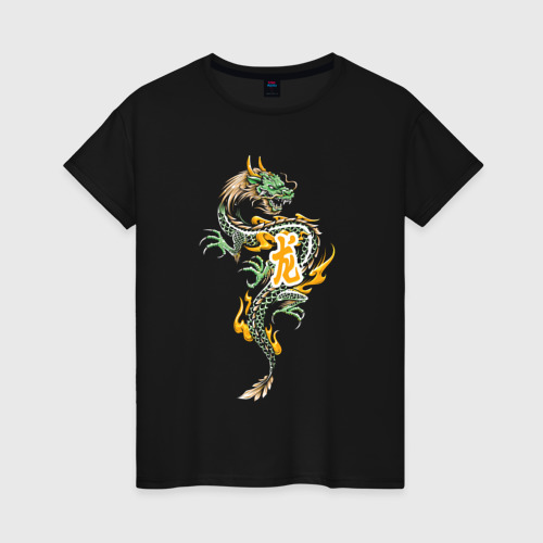 Светящаяся женская футболка Злой китайский зелёный дракон, цвет черный