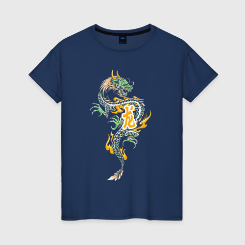Светящаяся женская футболка с принтом Злой китайский зелёный дракон, вид спереди №1