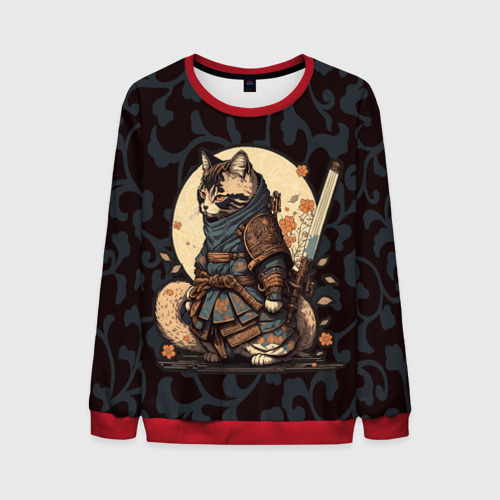 Мужской свитшот 3D Кот якудза - японский воин, цвет красный