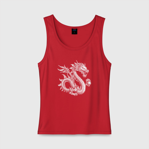Женская майка хлопок Белый китайский дракон с шаром, цвет красный