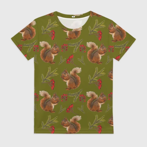 Женская футболка 3D с принтом Белка и ягоды, вид спереди #2