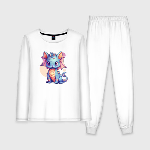 Женская пижама с лонгсливом хлопок Cute dragon cat, цвет белый