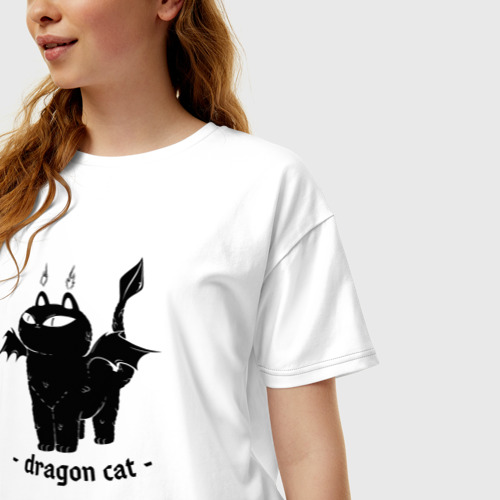 Женская футболка хлопок Oversize Black dragon cat, цвет белый - фото 3