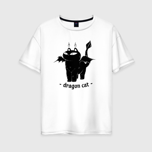 Женская футболка хлопок Oversize Black dragon cat, цвет белый