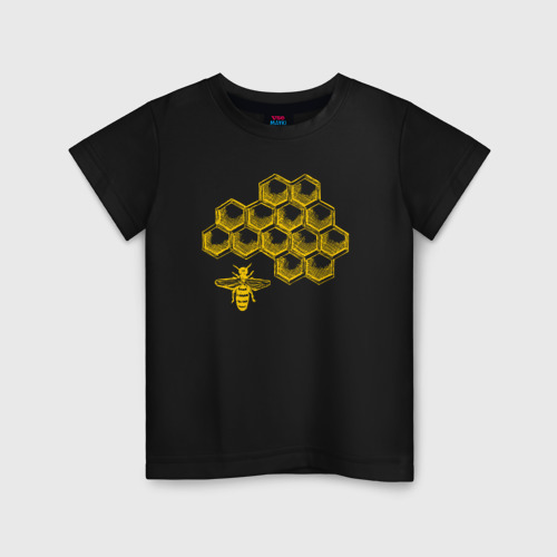 Детская футболка хлопок с принтом Пчела и соты, вид спереди #2