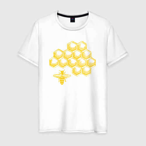 Мужская футболка из хлопка с принтом Пчела и соты, вид спереди №1