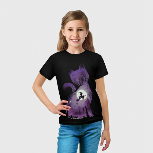 Детская футболка 3D с принтом Кот в ночи, вид сбоку #3