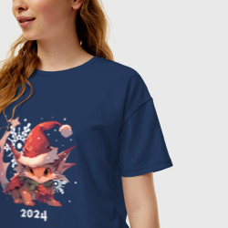 Футболка с принтом Happy dragon year 2024 для женщины, вид на модели спереди №2. Цвет основы: темно-синий