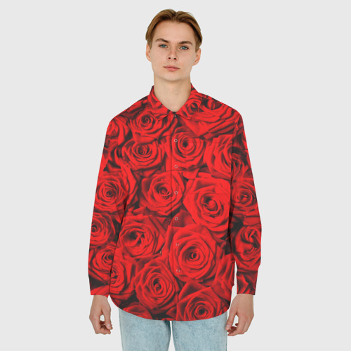 Мужская рубашка oversize 3D с принтом Узор красных роз, фото на моделе #1