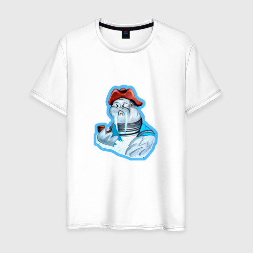 Мужская футболка хлопок Морж моряк, цвет белый