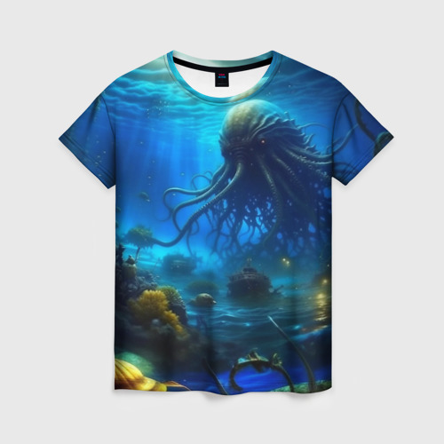 Женская футболка с принтом Ктулху в океане, вид спереди №1