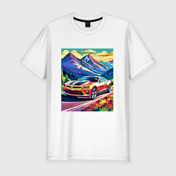 Мужская футболка хлопок Slim Авто на фоне гор