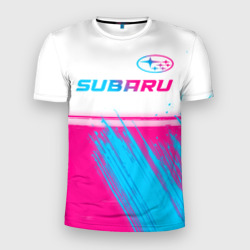 Мужская футболка 3D Slim Subaru neon gradient style: символ сверху