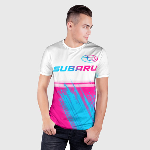 Мужская футболка 3D Slim Subaru neon gradient style: символ сверху, цвет 3D печать - фото 3