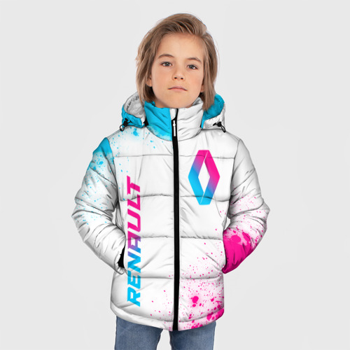 Зимняя куртка для мальчиков 3D с принтом Renault neon gradient style: надпись, символ, фото на моделе #1