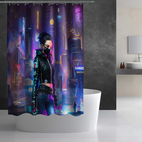 Штора 3D для ванной Девчонка в маске в мегаполисе - киберпанк - фото 3
