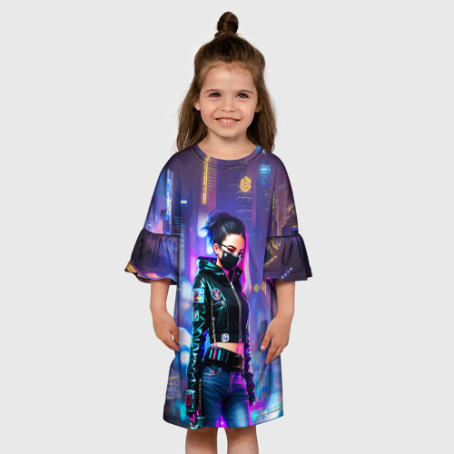 Детское платье 3D Девчонка в маске в мегаполисе - киберпанк, цвет 3D печать - фото 4