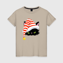 Женская футболка хлопок Новогодний черный кот в новогоднем колпаке