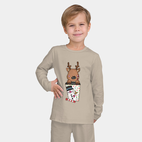 Детская пижама с лонгсливом хлопок с принтом Новогодний  олень, фото на моделе #1