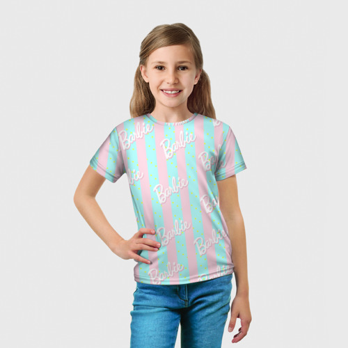 Детская футболка 3D Паттерн Барби на фоне костюма  Кена в розово-голубую полоску, цвет 3D печать - фото 5