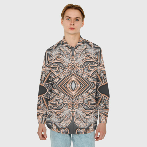 Мужская рубашка oversize 3D с принтом Выпуклая мандала на тиснённой  коже, фото на моделе #1