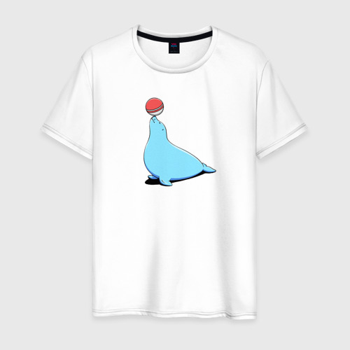 Мужская футболка из хлопка с принтом Морской котик с мячом, вид спереди №1