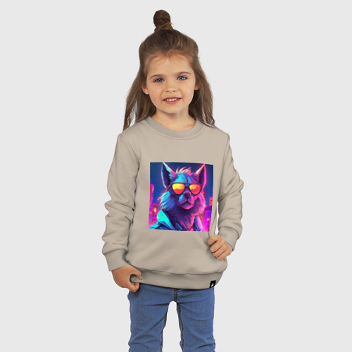 Детский свитшот хлопок с принтом Оборотень в свете неонового города, фото на моделе #1