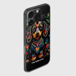 Чехол для iPhone 16 Pro Max силиконовый с защитой камеры Такса  с цветами и узорами - фото 2