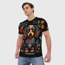 Мужская футболка 3D Такса  с цветами и узорами - фото 2