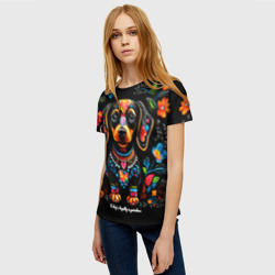 Женская футболка 3D Такса  с цветами и узорами - фото 2