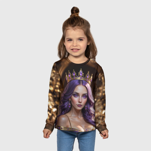 Детский лонгслив 3D Девушка с фиолетовыми волосами в короне , цвет 3D печать - фото 5