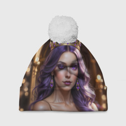 Шапка 3D c помпоном Девушка с фиолетовыми волосами в короне 
