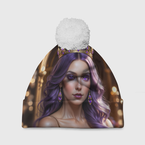 Шапка 3D c помпоном Девушка с фиолетовыми волосами в короне , цвет 3D печать