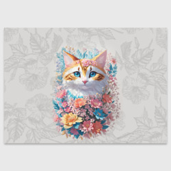 Поздравительная открытка Кот с цветами в бежевых тонах