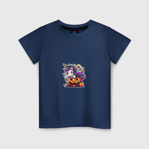 Детская футболка хлопок Единорог и тыква на хэллоин, цвет темно-синий