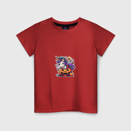 Детская футболка хлопок с принтом Единорог и тыква на хэллоин, вид спереди #2