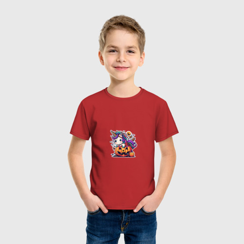 Детская футболка хлопок с принтом Единорог и тыква на хэллоин, фото на моделе #1