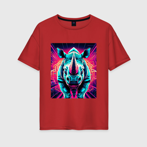 Женская футболка хлопок Oversize Кибер носорог, цвет красный