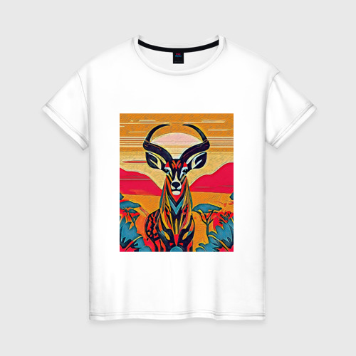 Женская футболка из хлопка с принтом Африканская антилопа, вид спереди №1