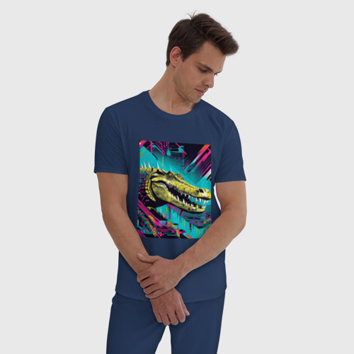 Мужская пижама хлопок Кровожадный крокодил, цвет темно-синий - фото 3
