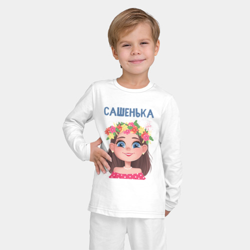 Детская пижама с лонгсливом хлопок с принтом Сашенька - лучезарная девочка с цветами на голове, фото на моделе #1