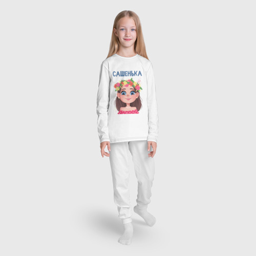 Детская пижама с лонгсливом хлопок с принтом Сашенька - лучезарная девочка с цветами на голове, вид сбоку #3