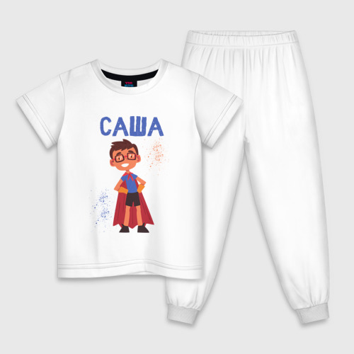 Детская пижама хлопок с принтом Саша супергерой, вид спереди #2