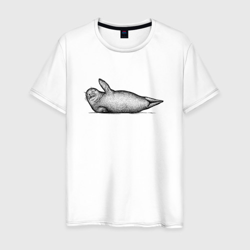 Мужская футболка из хлопка с принтом Морской котик машет, вид спереди №1