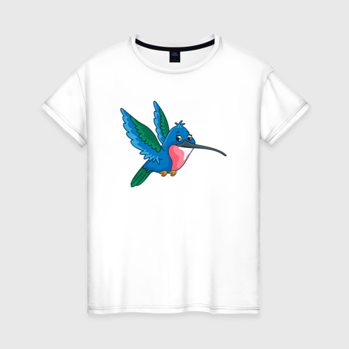Женская футболка из хлопка с принтом Синяя колибри, вид спереди №1