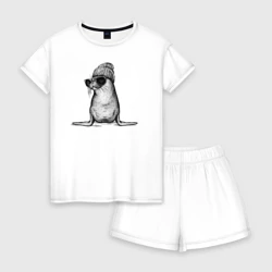 Женская пижама с шортиками хлопок Морской котик модный