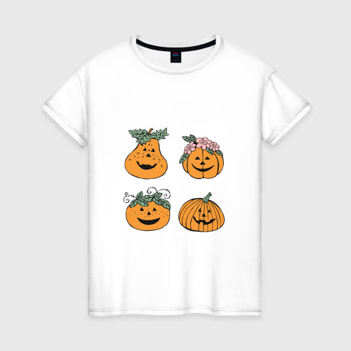 Женская футболка из хлопка с принтом Веселые тыквы, вид спереди №1