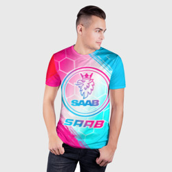 Мужская футболка 3D Slim Saab neon gradient style - фото 2