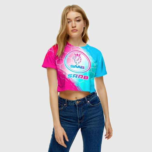 Женская футболка Crop-top 3D Saab neon gradient style, цвет 3D печать - фото 3