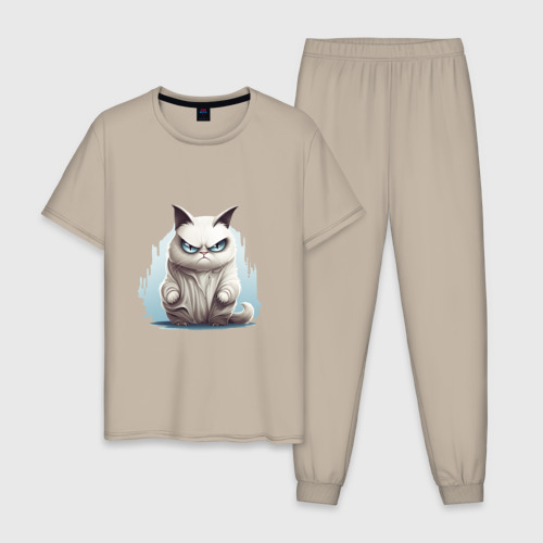 Мужская пижама хлопок с принтом Угрюмый кот призрак, вид спереди #2